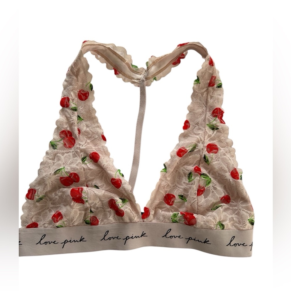 PINK Victoria's Secret Cherry Lace Bralette Size‎ Large Halter No Padding